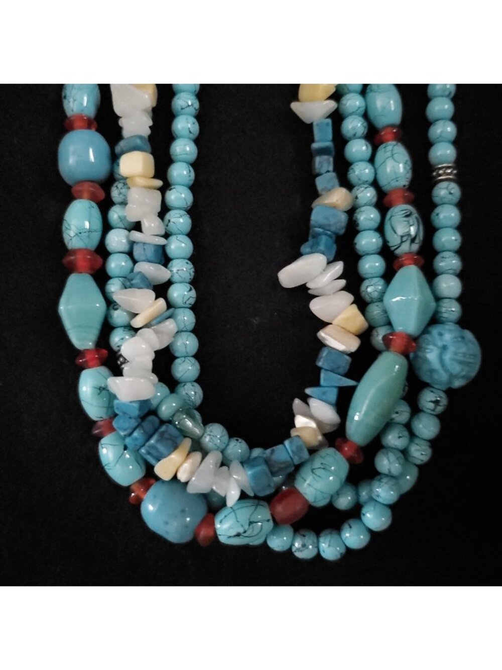 Layered Beaded Necklace Blue Glass Stone Blue Silver Tone Southwestern Boho 18"